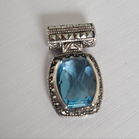 Vintage Art Deco Boho Aqua Blue Brilliant Cut Marcasite Crystal Slider Pendant - Picture 2 of 9